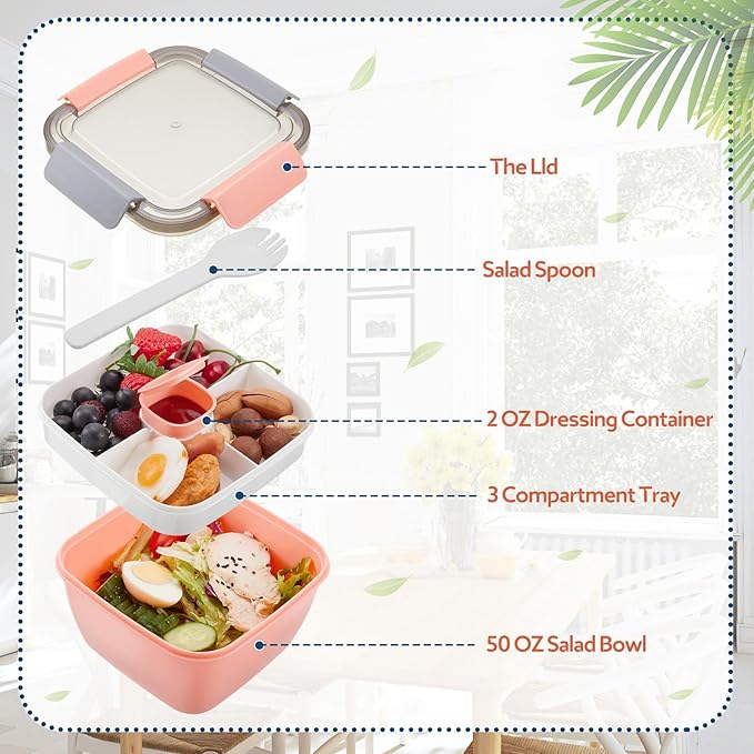 Tessco for you 6 Pcs Salad Lunch Container 50 oz Salad Container with 3 Compartment Reusable Bento Box for Adults Stackable Lunch Bowl for Meal Snack Fruit(Pink,Blue)