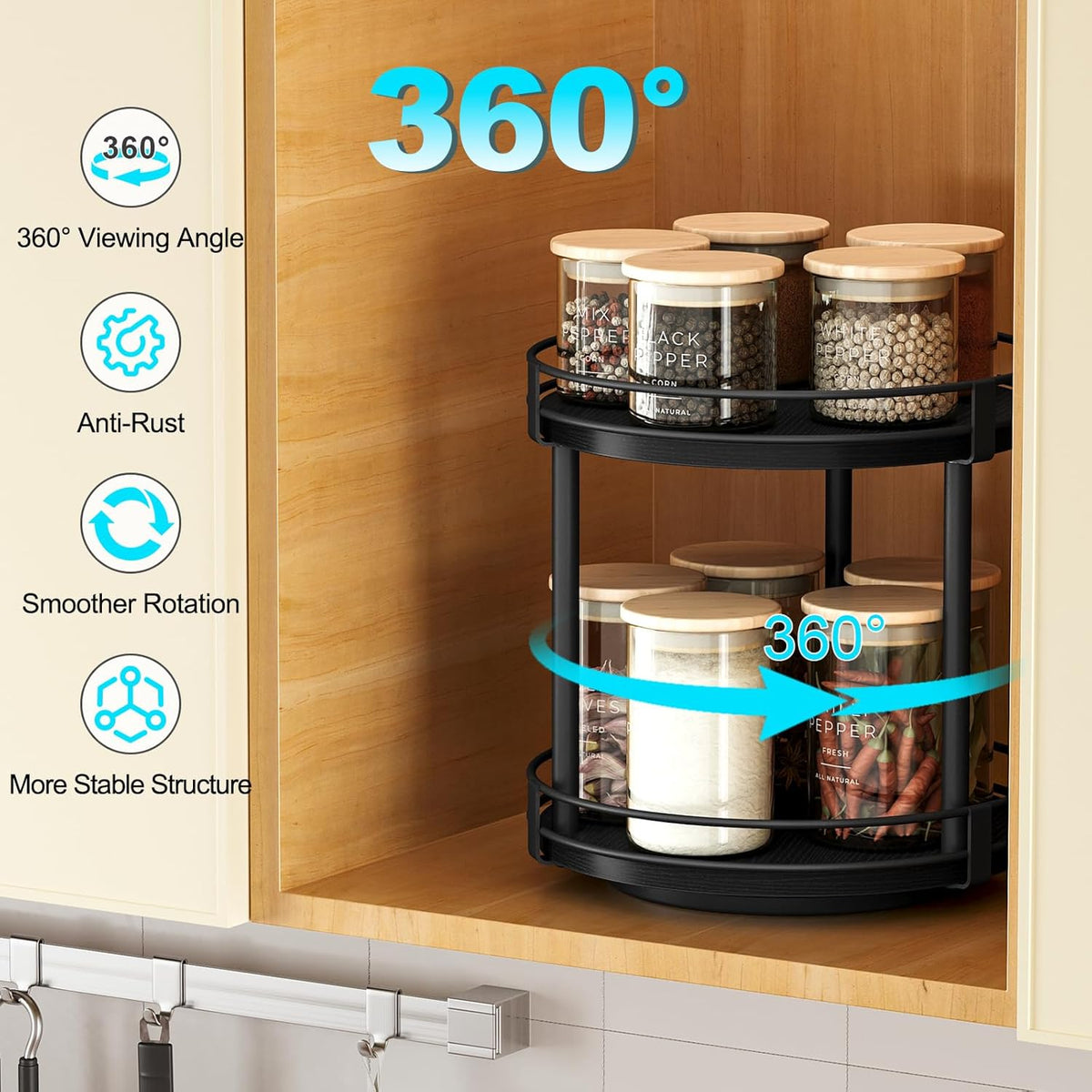 Snughome Lazy Susan Spice Rack, 2 Tier Rotating Spice Rack, Wood Lazy Susan Organizer for Cabinet, Black Kitchen Counter Shelf, 10.2" x 10.2" x 10.4"