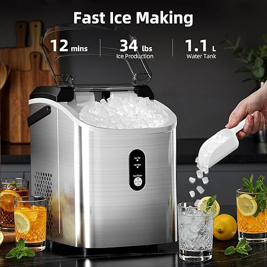 Antarctic Star Nugget Ice Maker Countertop, Soft Chewable Ice, Portable Sonic Ice Maker with Basket and Scoop, Removable Top Cover, Auto-Cleaning for Home/Party/RV/Camping (Stainless Steel Silver)