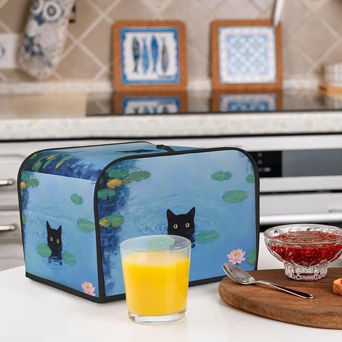 Black Cat Swimming Covers for Toasters 4 Slice,Cute Funny Bread Machine Cover with Handle,Washable Stain Resistant Kitchen Small Appliance Cover Dining Decor