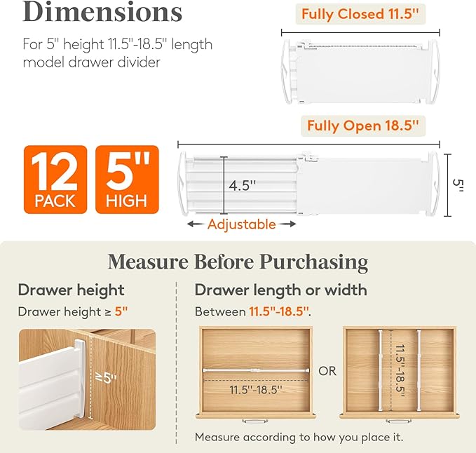 Lifewit 5" Tall 12 Pack Drawer Dividers, 30-47cm/11.5-18.5" Expandable Drawer Divider for Clothes, Adjustable Dresser Drawer Organizers, Drawers Separators for Dresser/Bathroom/Closet/Kitchen White