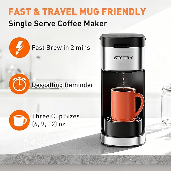 Secura Single Serve Coffee Maker K Cup and Ground 2-In-1 Coffee Maker with 3 Brew Modes, Removable Reservoir & Drip Tray, 6 to 12 Oz Brew Sizes