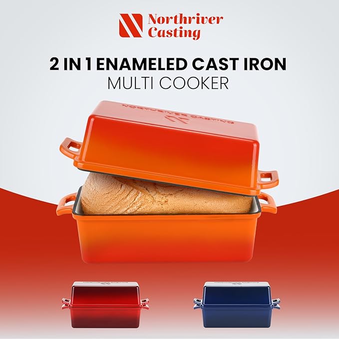 Northriver Casting Enameled Cast Iron Loaf Pan with Lid, Best Bread Oven, Bread Loaf Pans for Baking Homemade Sourdough Bread 9x5, 2 Piece set, Flame