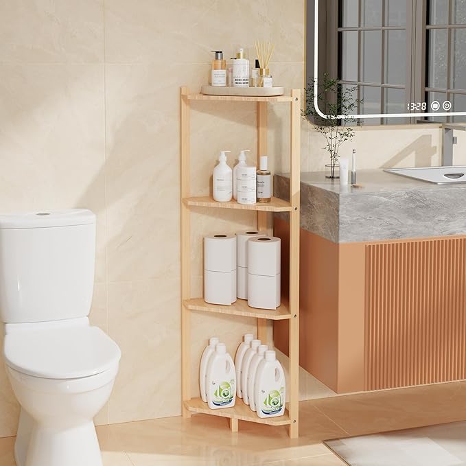 Wisuce Corner Shelf, 100% Real Bamboo Shower Corner Shelves Free Standing Shelf Storage Organizer for Bathroom Living Room Kitchen (Natural, 4 Tier)
