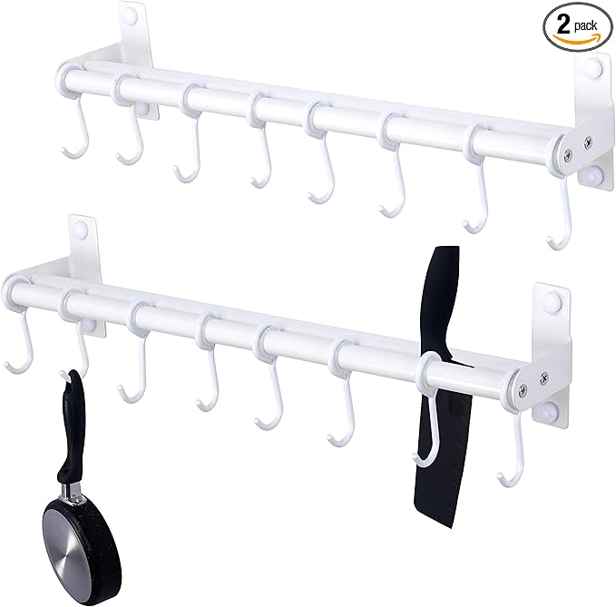 Dseap Pot Rack - Pots and Pans Hanging Rack Rail with 8 Hooks, Double Bars, Pot Hangers for Kitchen, Wall Mounted, White, 2 Packs