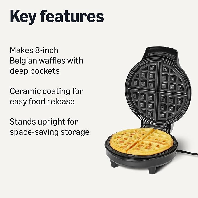 Amazon Basics Waffle Iron, Mini Belgian Waffle Maker with Round 8-Inch Ceramic Nonstick Plate, Adjustable Browning Control, Cool Touch Handle, Vertical Storage, 8 Inches, Black