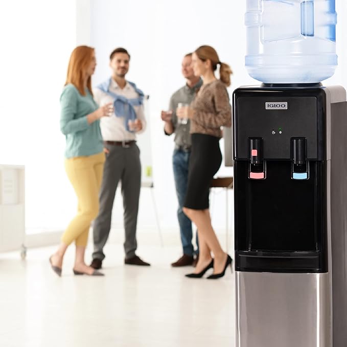 Igloo Top Loading Water Cooler with Removable Tray & Energy-Saving Features - Water Tower with Hot, Cold Temperature Settings- Water Dispenser Fits 3 & 5-Gallon Jugs with Child Safety Lock- Stainless