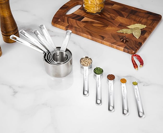 KEAWELL Premium 10-Piece 18/10 Stainless Steel Measuring Cups ans Spoons Set – Durable, Stackable, Dishwasher Safe – Nesting Design for Baking & Cooking (Silver, Measuring Cups & Spoons)
