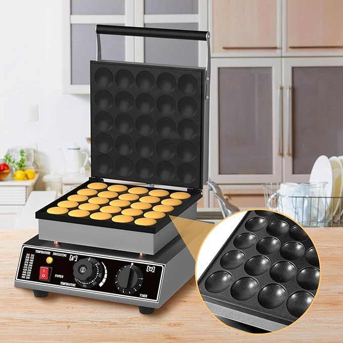 Commercial 25 PCS Mini Dutch Pancake Maker, 1750W Electric Mini Pancakes Maker Machine with Temp & Time Control, Non-Stick Surface, Stainless Steel, for Home Kitchen Bakery Snack Bar
