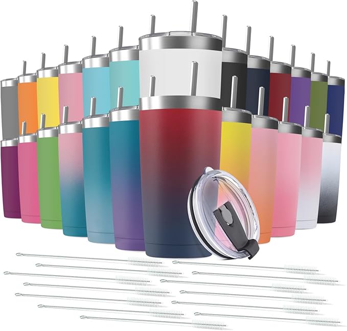 25 pack 20 oz Stainless Steel Insulated Tumbler with Straw and Lid, Double Wall Travel Coffee Mug Vacuum Insulated Bulk Tumbler, Suitable for Vehicle Cup Holders Assorted Colors