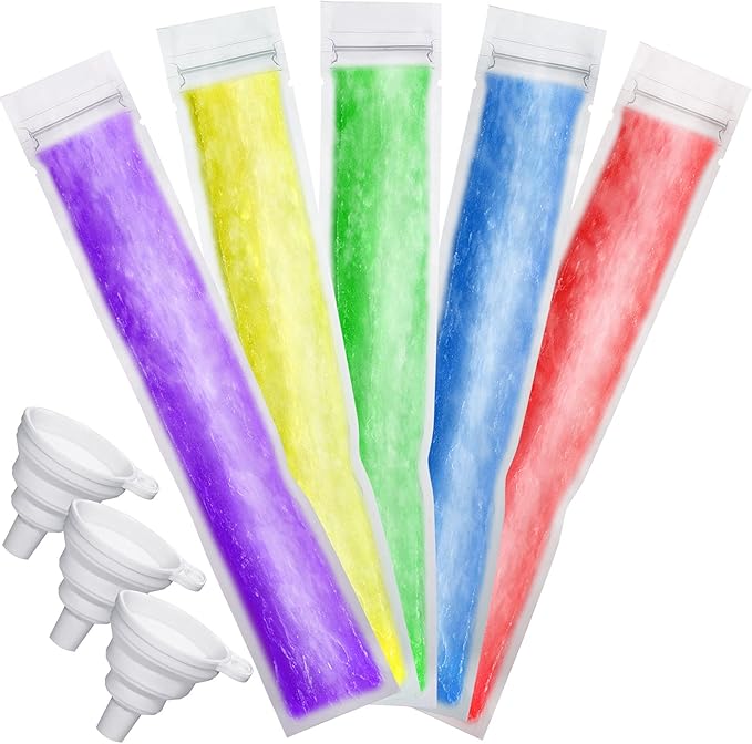 Shappy 450 Pcs Disposable Ice Pop Mold Bags with 3 Silicone Funnels Freezer Tubes with Zipper Seals DIY Ice Pop Bags Bulk for Yogurt Healthy Snacks Juice Fruit Smoothies(11 x 2.16 Inch)