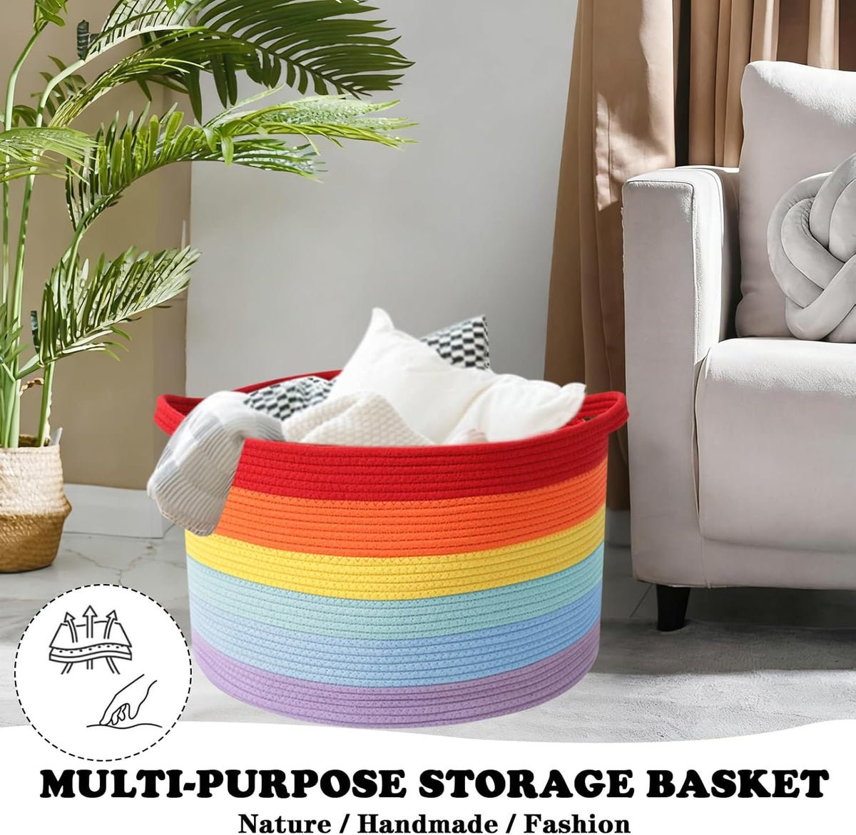 Large Blanket Basket for Organizing,65L Closet Organizers and Storage Bins Box for Shelves Woven Rope Storage Baskets,Living Room,Bedroom,Dorm,Laundry room (Rainbow)