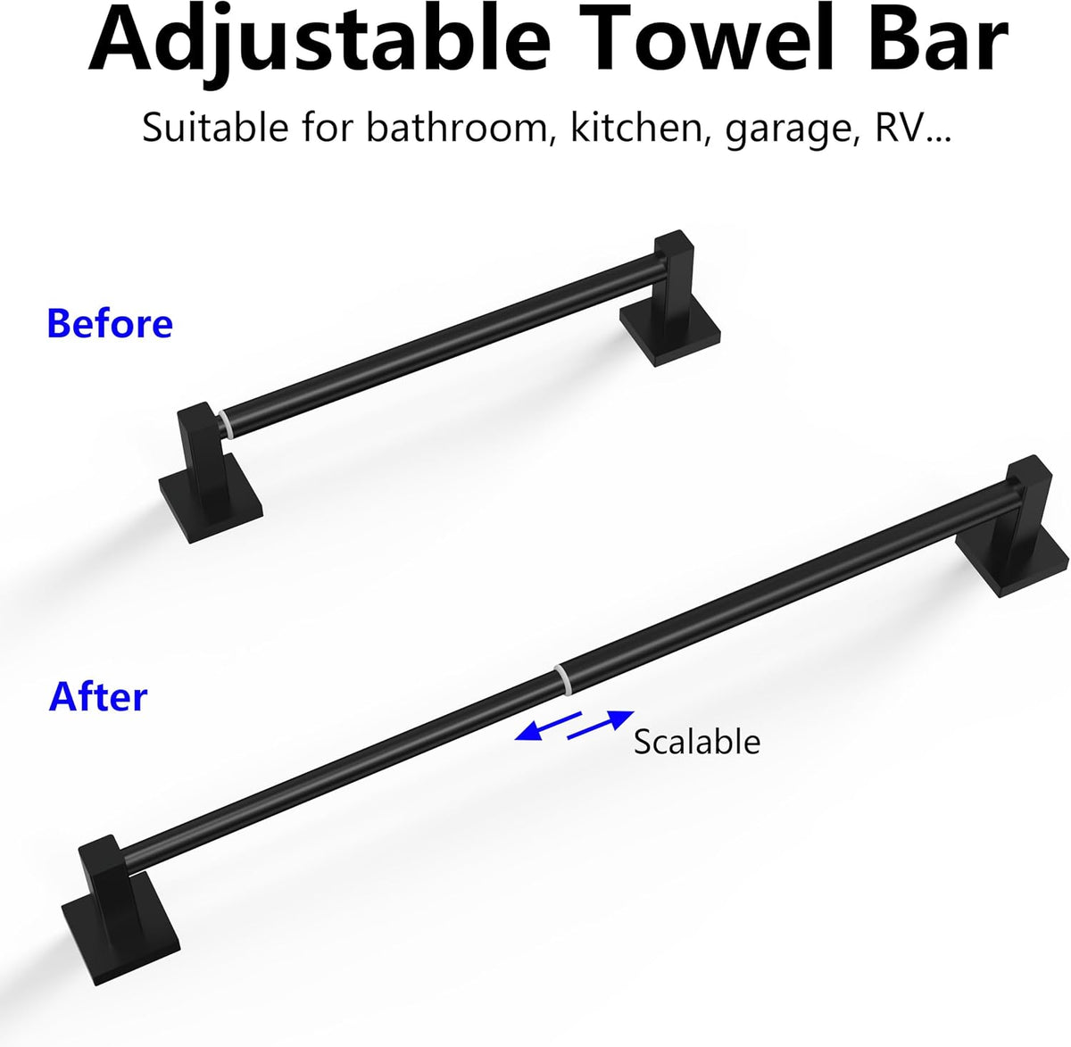 Adjustable Towel Bar, 14.4inch - 25.2inch Towel Rack, Wall Mounted for Bathroom, Kitchen Hand Towel Holder Cloths Hanger SUS 304 Stainless Steel Organizer Single Bar (Matte Black)