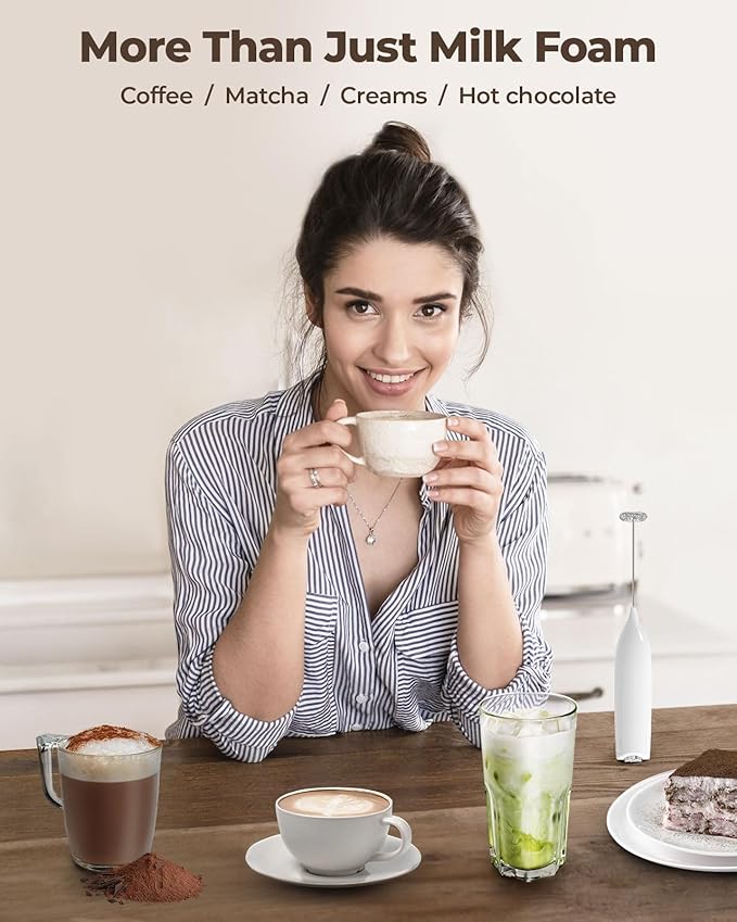 SIMPLETASTE Milk Frother Handheld Electric Foam Maker, Drink Mixer with Stainless Steel Whisk for Cappuccino, Bulletproof Coffee, Latte, Blizzard White, without Stand, Battery Operated
