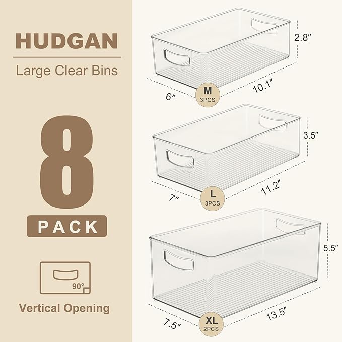 Hudgan 8 Pack Pantry Organizer and Storage, 2 Extra Large Stackable Freezer Organizer Bin, 3 Large Clear Storage Bin and 3 Medium Plastic Container for Home Edit, Kitchen Cabinet, Bathroom Shelf