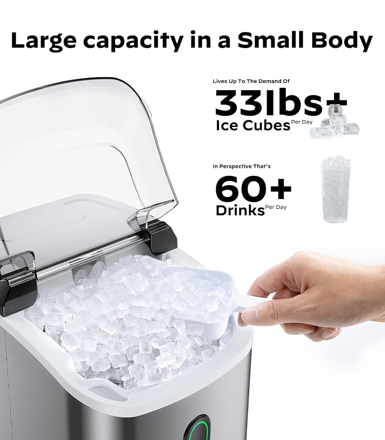 Silonn Nugget Ice Maker Countertop, Pellet Ice Machine with Self-Cleaning Function, Sonic Ice Maker Produces 33lbs of Chewable Ice in 24 Hours, Ideal for Home Kitchen and Office, Stainless Steel