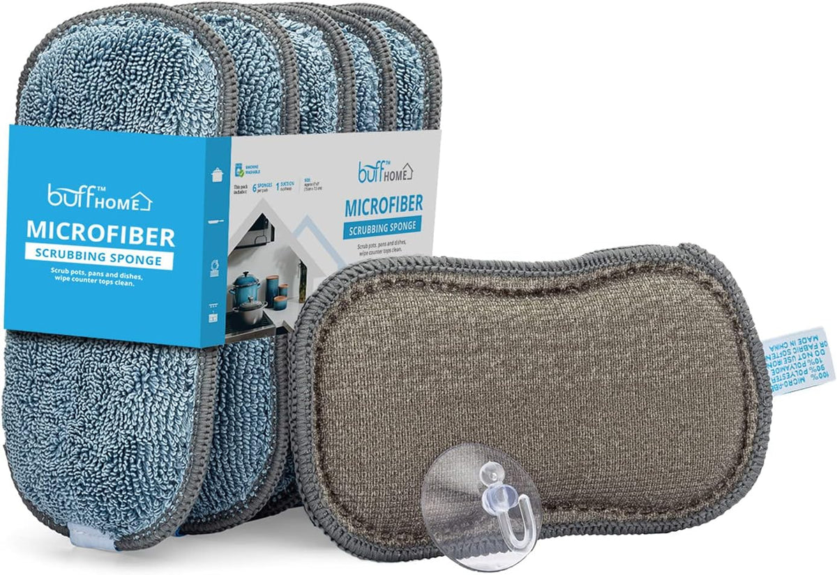 Microfiber Wholesale Sponge for Kitchen (6 Pack) - Suction Cup Hook Included, Reusable, Washable Dish Sponges with Scrubber, Refills, Scrubbing Side, Non-Scratching, Multi-Purpose, Scouring
