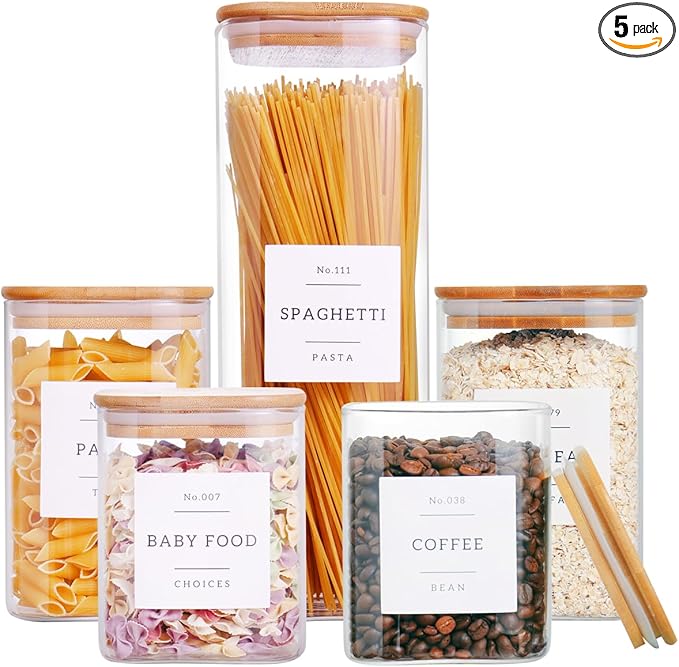 CZZGSM 5 Pack Square Glass Pantry Storage Containers with 132 Kitchen Food Pantry Labels - Clear Glass Jars with Airtight Wood Bamboo Lids - Glass Canisters for Cookies, Nuts, Cereal