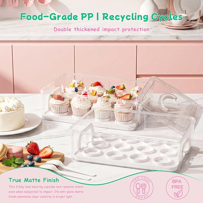 Cupcake Carrier, Cupcake Holder With Lid And Handles, 2-Layer Cupcakes Containers, 24 count Reusable Cupcake Box, Cupcake transport container With Portable Insulated Bag and 200Pcs Cupcake Liners