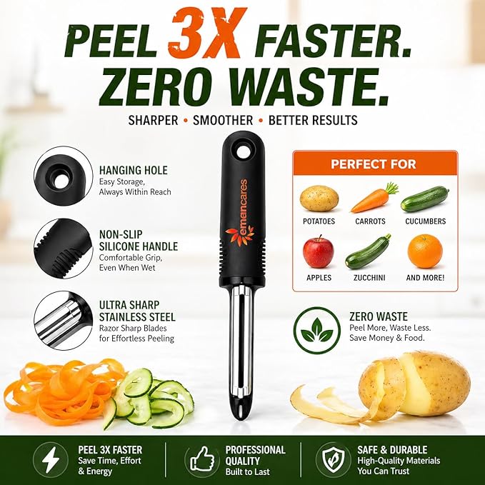 Vegetable Peeler Set – Ultra Sharp Stainless Steel I Peeler for Potatoes, Carrots, Apples – Ergonomic Non-Slip Handle, Smooth Swivel Blade, Kitchen Fruit & Veggie Peeler – Eman Cares