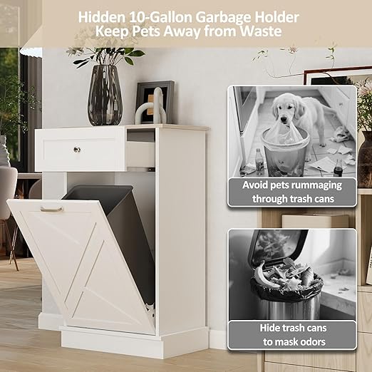 Tilt Out Trash Cabinet-Free Standing Kitchen Waste Bin-Wooden Recycling Trash Cabinet with Drawer-White