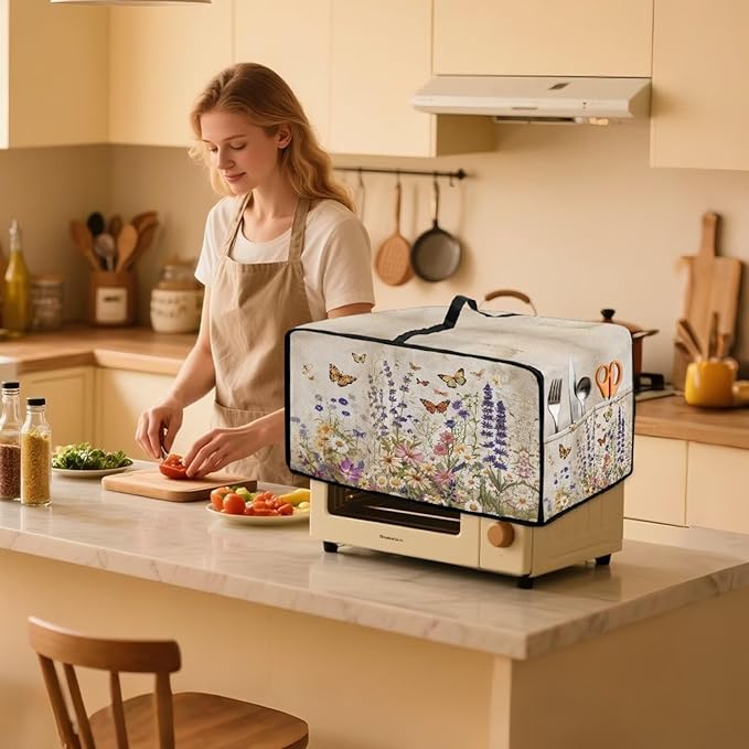 Toaster Oven Cover Washable Small Kitchen Appliance Dust Cover with Pockets, for Air Fryer Toaster Ovens, Microwaves, M, 16.5 x 20.5 x 10 Inches, Retro Floral Butterfly Print