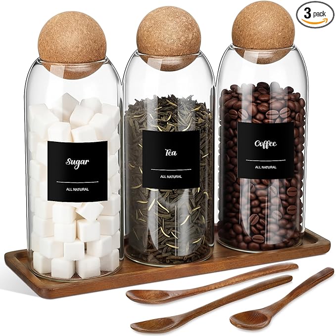 Suclain 3 Pcs Glass Coffee Storage Jar with Ball Cork Lid Wooden Spoon Shelf Labels Airtight Round Bottle Jar Food Storage Canister Set for Sugar Spice Coffee Bean Holder Candy Gift(27oz)
