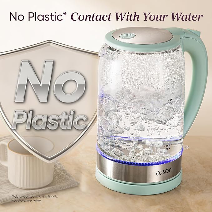 Cosori Electric Kettle, No Plastic Contact With Water, Wide Mouth For Easy Cleaning, Auto Shut Off, 1.7L Tea Kettle & Hot Water Boiler, Water Heater & Teapot, Borosilicate Glass, Green, 1500W