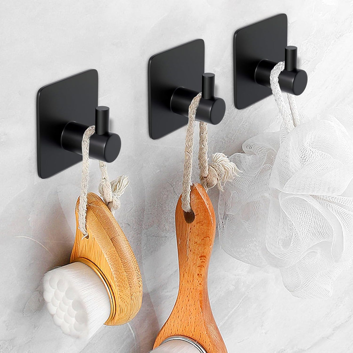 ACNISM Adhesive Hooks Heavy Duty Waterproof 4 Pack, Stainless Steel Stick on Hooks for Hanging Towel, Robe, Coat, Loofah - Bathroom Shower, Kitchen Organizer (Matte Black)