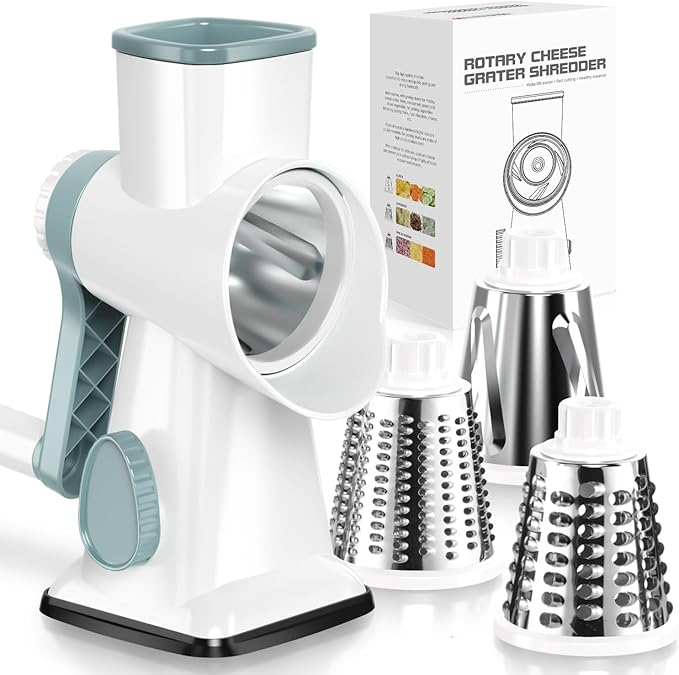 KEOUKE Rotary Cheese Grater Hand Crank White - Shredder Slicer Grinder 3 Stainless Steel Blades, Stable Suction, Labor-Saving Handle, Safe Kitchen Tool for Cheese, Vegetable, Nuts, Chocolate