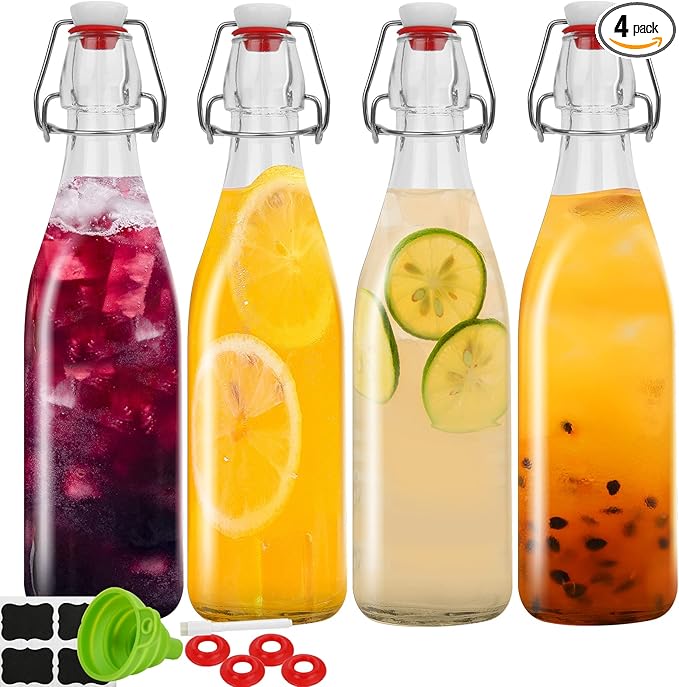 ZEBEIYU 32oz Beer Bottle,Swing Top Glass Kombucha Bottles with Stoppers for Brewing, Beverages, Smoothies, Kefir, Beer, Soda, Juicing, Kombucha, Oil, Water, Milk, Vinegar(4 Pack)