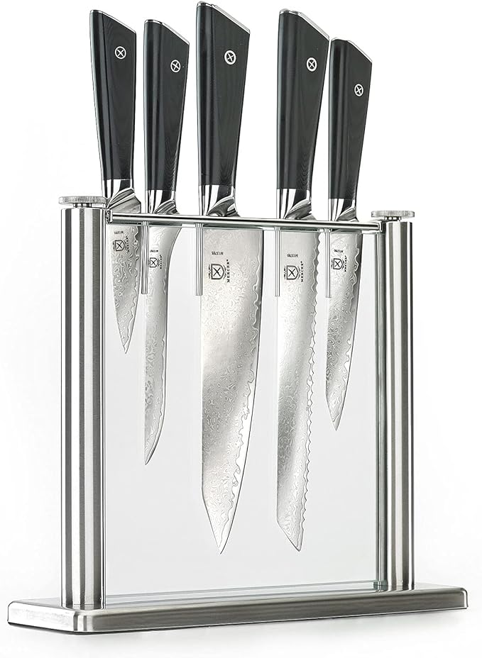 Mercer Culinary Premium Grade Super Steel 6-Piece Knife Set with Glass Block Stand, G10 Handles