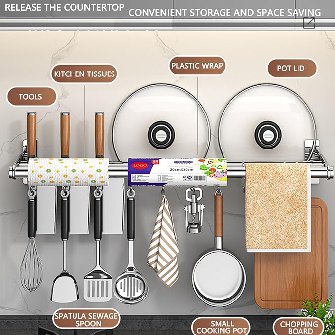 Hanging Wall Mount knife Wall Mount, Kitchen Organizer Storage Shelf for Utensils Spatula Spoon, Space-Saving Knife Rack with Hooks,Wall-Mounted Utensil Holder (Black, 60CM+Three Poles+10Hooks)