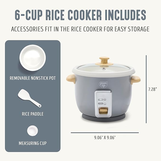 GreenLife Rice Cooker with Removable PFAS-Free Ceramic Nonstick Pot, 3-Cups Uncooked/6-Cups Cooked, Grains & Oatmeal Multicooker, Compact One-Switch Design, Auto Keep Warm, Easy Clean, Gray