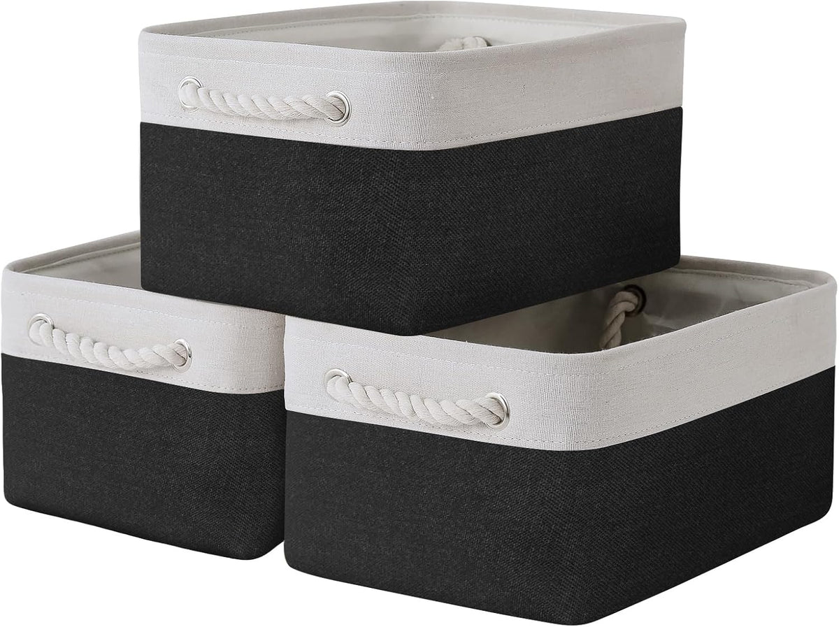 TheWarmHome Storage Basket for Organizing - 3 Pack 13.8x9.8x6.7 inch Medium Collapsible Storage Bin for Shelves with Handles Organizer Closet Cubes Cloth Gift Toy (White & Black)