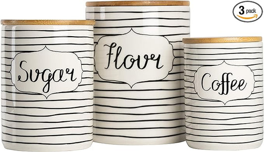 10 Strawberry Street Labeled Ceramic Kitchen Canister Set, Set of 3, Coffee Sugar Flour, White/Black, Bamboo Lids