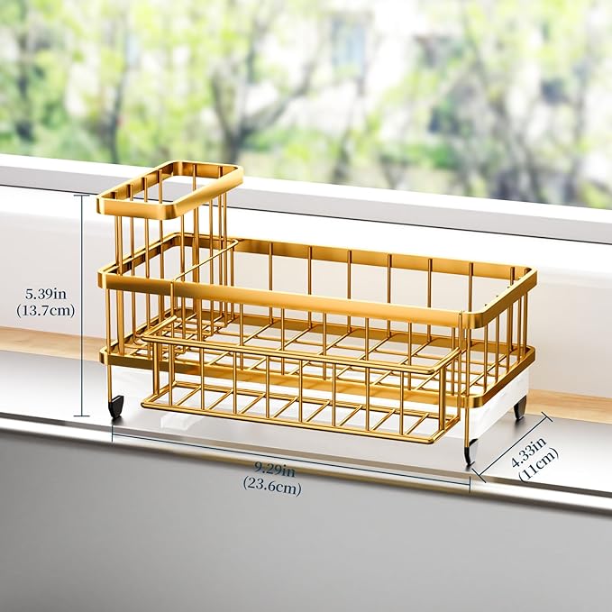 Consuemst Sponge Holder for Kitchen Sink - Auto Draining Sink Caddy Organizer with Detachable Rack, High Brush Holder, Kitchen Countertop Storage Accessories, Gold
