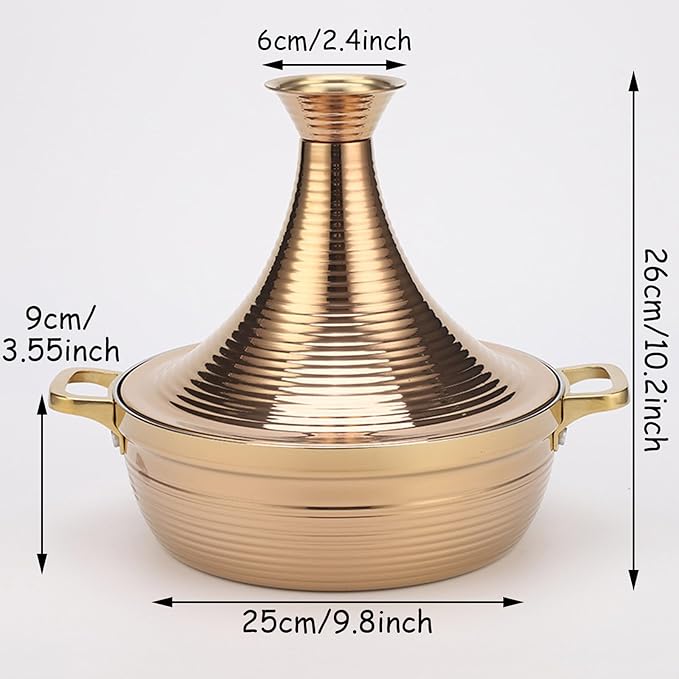 Moroccan Tagine Cooking Pot,Stainless Steel Non Stick Moroccan Casserole with 2 Handles,Large Moroccan Cooker Handmade Tagine Pot with Cone-Shaped Lid(25cm, Rose Gold)