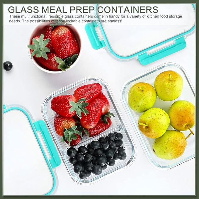 KOMUEE 10 Packs 30 oz Glass Meal Prep Containers,Glass Food Storage Containers with Lids,Airtight Lunch Bento Boxes, Microwave, Oven, Freezer and Dishwasher,Green