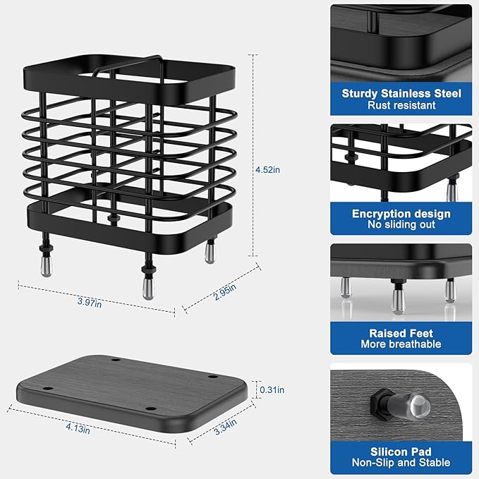2 Slots Utensil Holder for Kitchen Counter, Small Stainless Steel Cutlery Holder Organizer with Drying Diatomaceous Earth Base, Utensil Drying Rack Spoon Fork Organizer Crock Storage, Black