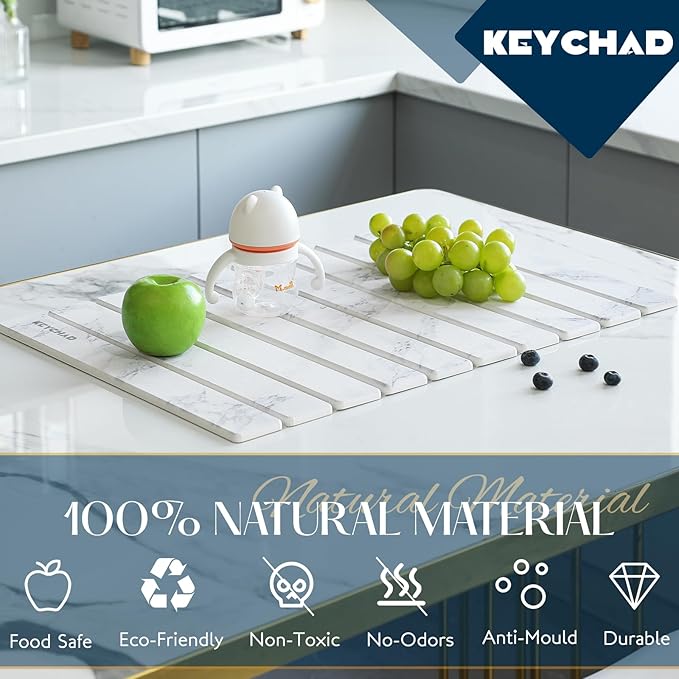 KEYCHAD Large Stone Drying Mat for Kitchen Counter - 24x16 Quick Drying Collapsible Dish Drying Mat - Super Absorbent Diatomaceous Earth Mat - Stone Dish Drying Mat for Cups Dishes
