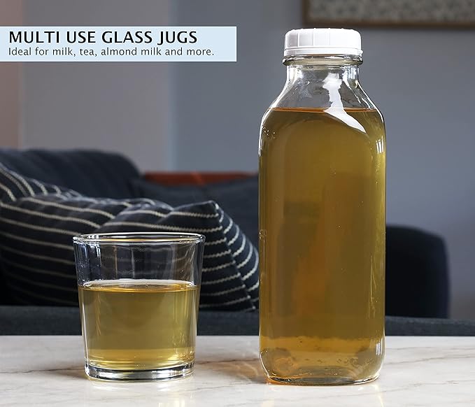 The Dairy Shoppe 1 Ltr. (33.8 oz.) Glass Milk Bottle Vintage Style with Cap & NEW Silicone Pour Spouts! (2 Pack)
