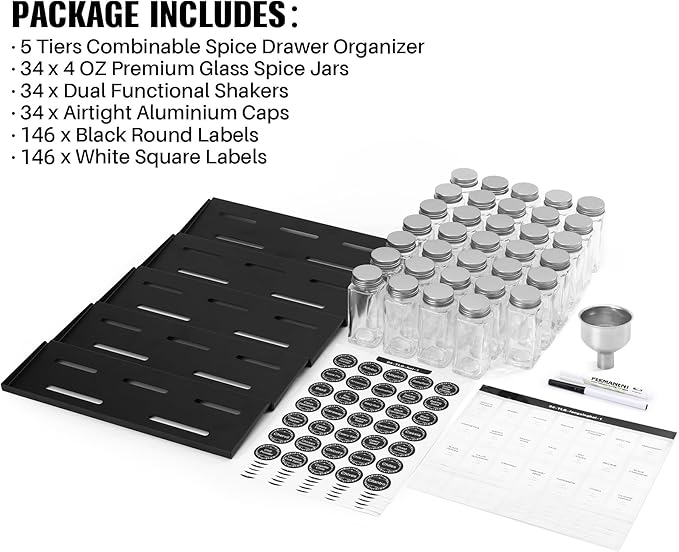 MIUKAA Spice Drawer Organizer with 34 Spice Jars, 378 Spice Labels, 5 Tier - 5 Pack Metal Spice Rack Tray for Drawer/Countertop, 13.7" Wide x 22.6" Deep (Black)