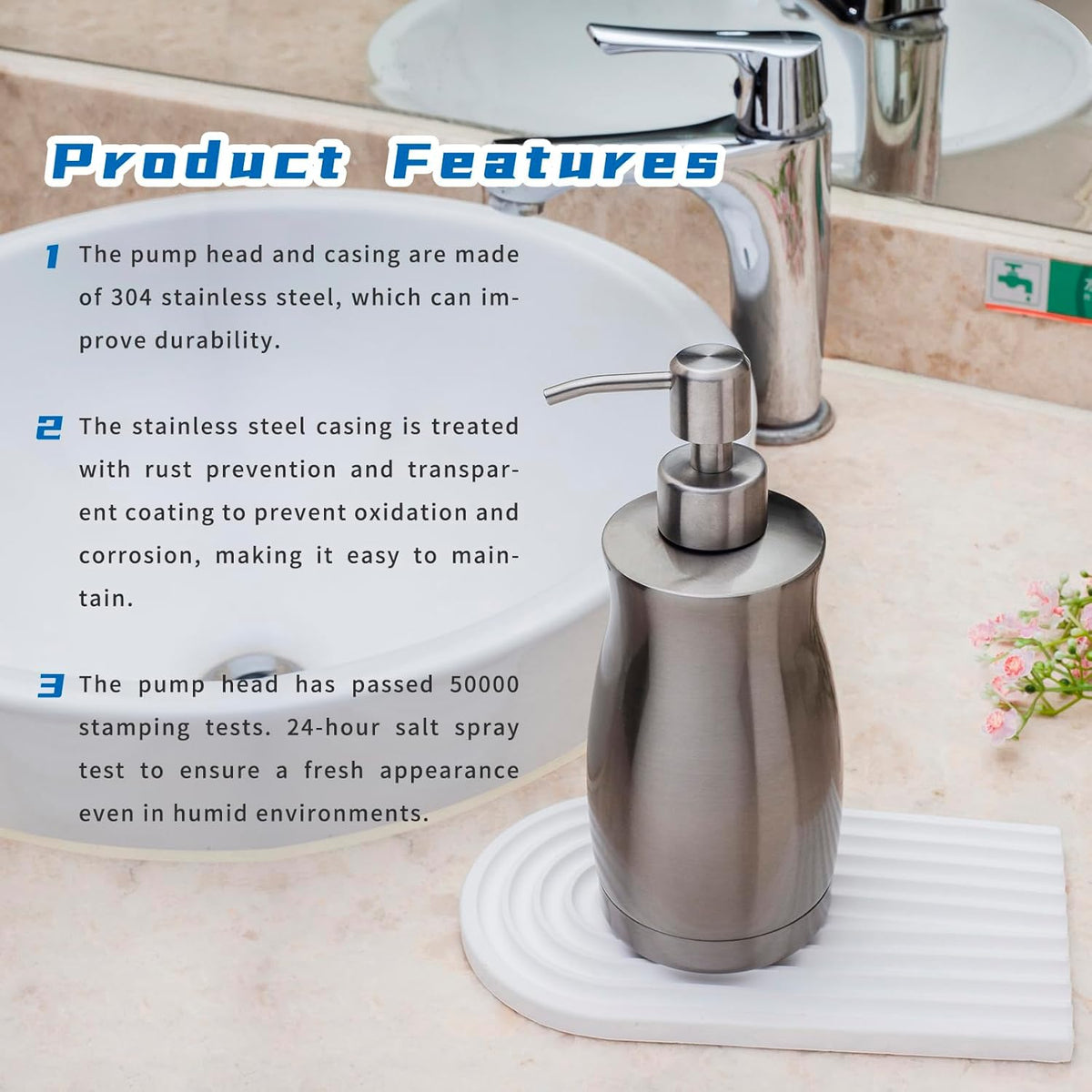 Brushed Stainless Steel Countertop Soap Dispenser Rust and Leak Resistant Hand Soap Pump with Funnel for Kitchen Countertops and Bathroom Dispensers (13.5 oz/400 ml)