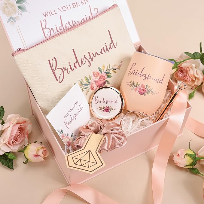 CARAKNOTS Bridesmaid Proposal Gifts Box, Will You Be My Bridesmaid Gift Set Pink Bridesmaids Box for Wedding Bridal Bachelorette Party Favor Stainless Steel Wine Tumbler 12 oz