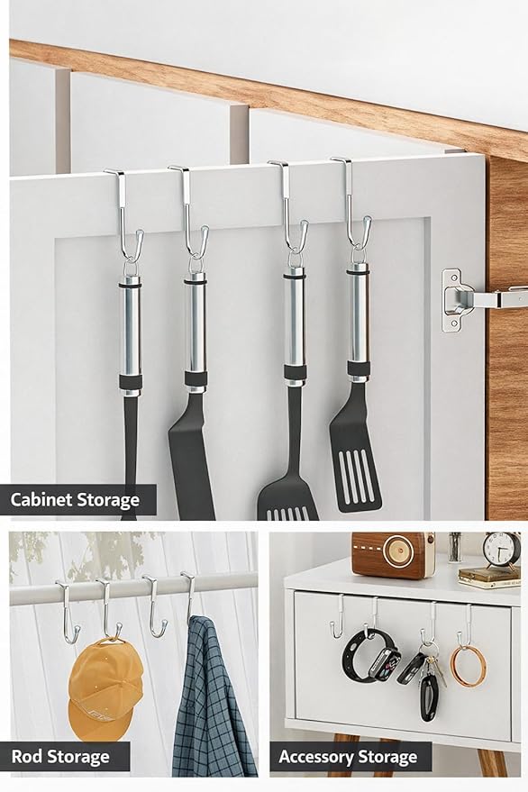 304 Stainless Steel Over Door S Hooks, Heavy Duty Double Hooks, No Drill Cabinet & Door Hooks for Kitchen, Bathroom, Closet, Towel & Bag Hanger, Rustproof, 4 Pack