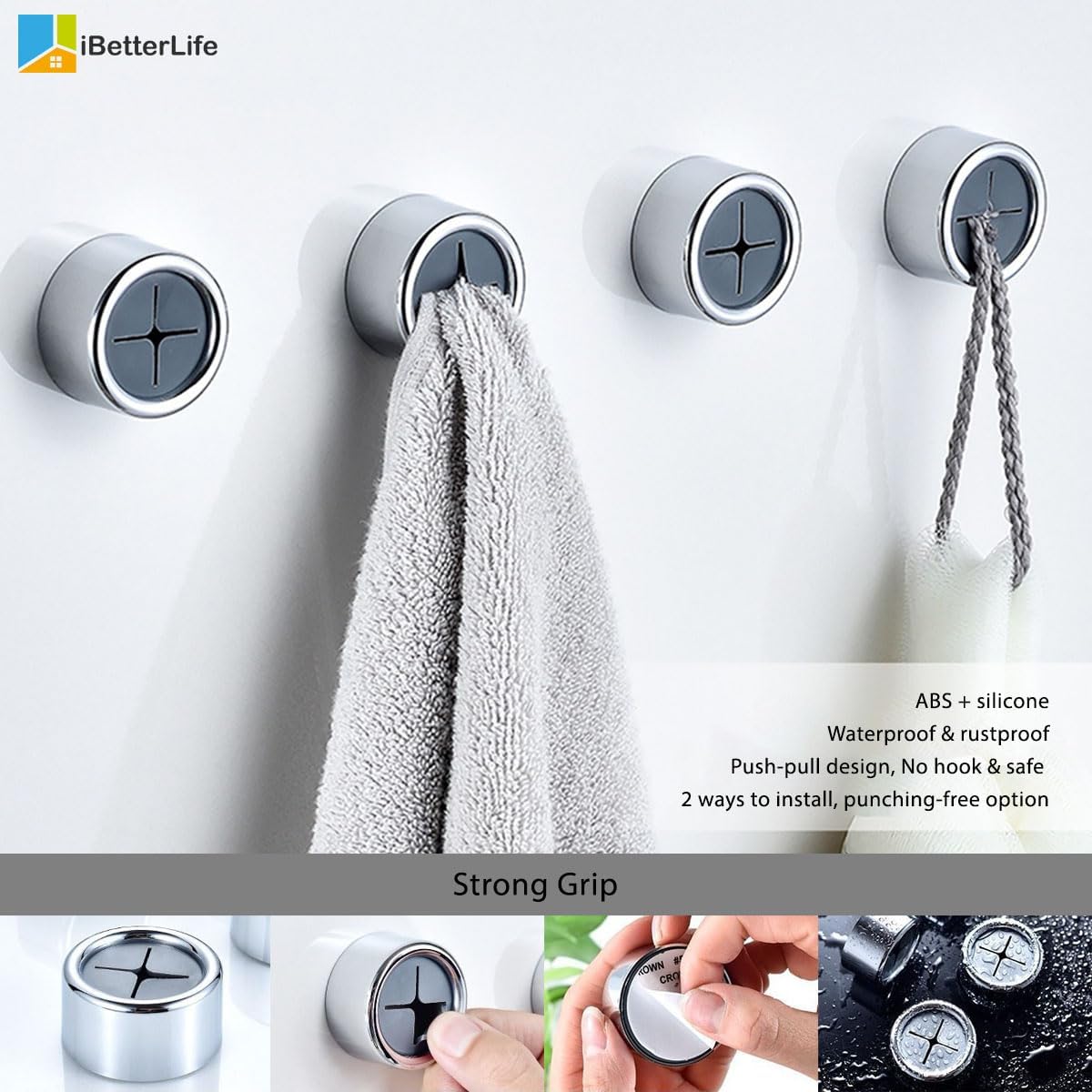 iBetterLife Adhesive Towel Holder for Kitchen - 4 Pack Dish Towel Hooks for Cabinet, Push Hand Towel Hanger, Dish Cloth Rag Holder for Home Bathrooms, Kitchens, Garages, RV, Within Easy Reach, Grey