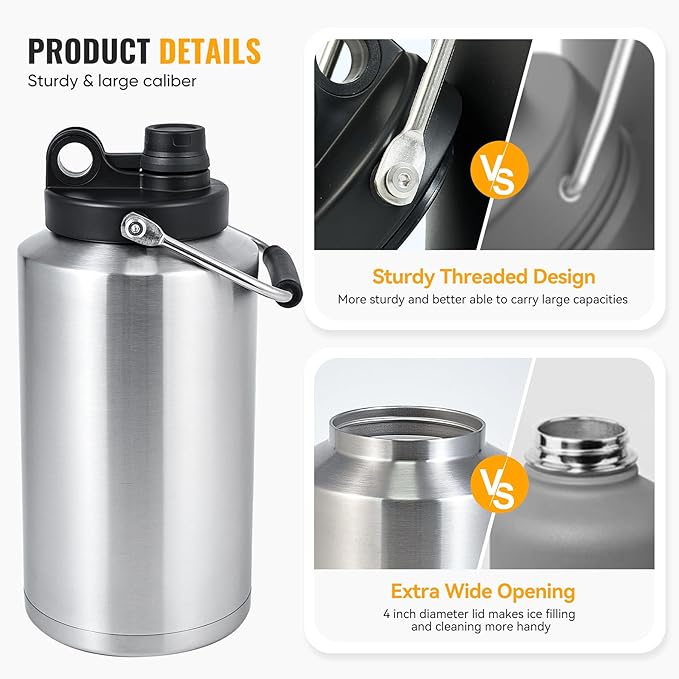 Insulated Gallon Jug with Handle, One Gallon, 128oz Stainless Steel, Large Double Vacuum Water Bottle for Cold Drinks, Wide Mouth, Sweat Proof, Carrier bag, Great for Travel, Camping, Stainless