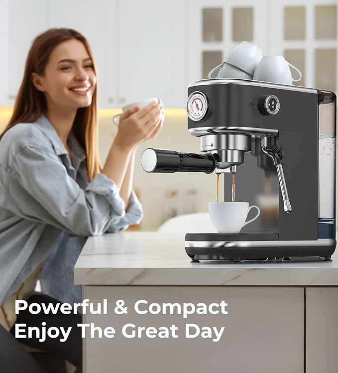atatix 20 Bar Espresso Machine with Milk Frother, Compact Espresso Maker, Stainless Steel Coffee Machine with Precise Temp Control & 44oz Removable Water Tank for Latte, Cappuccino, Dark Grey