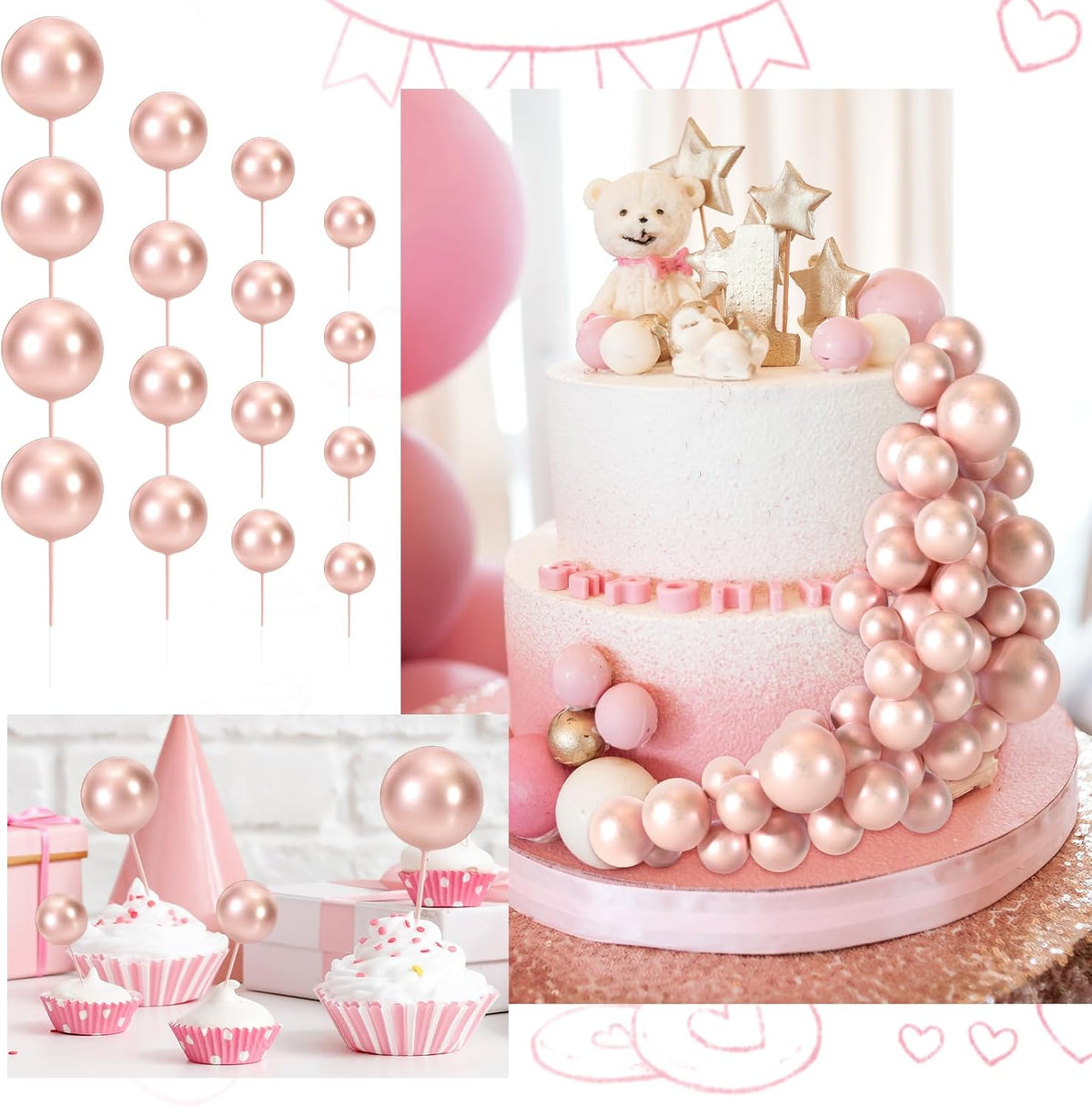 48 Pcs Balls Cake Topper Decorations Balloon Cupcake Toppers Foam Cake Topper Balls Cake Balls Decorations for Birthday Party Wedding Anniversary Cake Decorating (Rose Gold)
